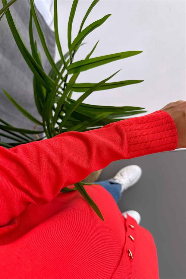 V Yaka Yandan Yırtmaçlı Merserize Hırka - Kırmızı