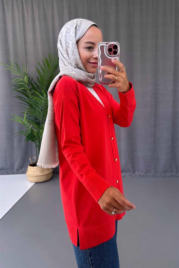 V Yaka Yandan Yırtmaçlı Merserize Hırka - Kırmızı