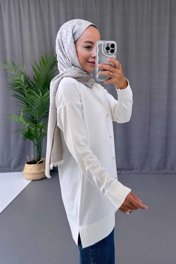 V Yaka Yandan Yırtmaçlı Merserize Hırka - Beyaz