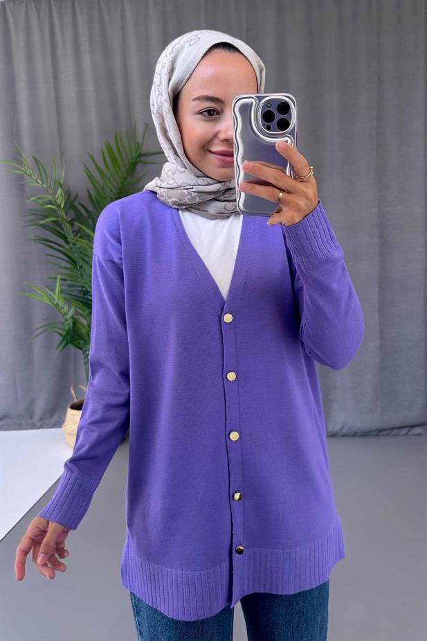 V Yaka Yandan Yırtmaçlı Merserize Hırka - Lila