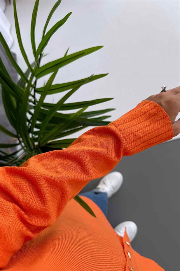 V Yaka Yandan Yırtmaçlı Merserize Hırka - Turuncu