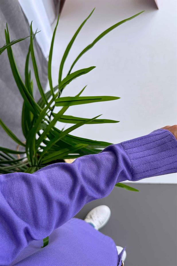 V Yaka Yandan Yırtmaçlı Merserize Hırka - Lila