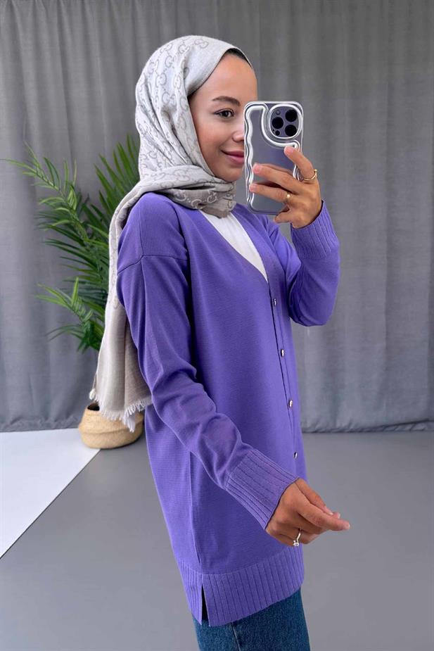 V Yaka Yandan Yırtmaçlı Merserize Hırka - Lila