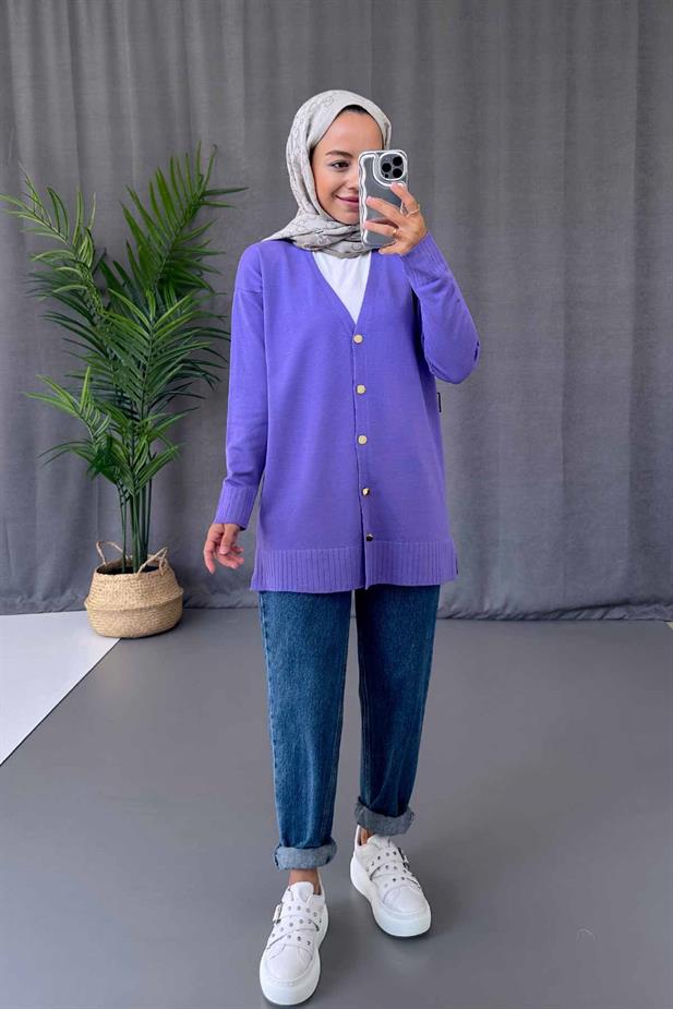 V Yaka Yandan Yırtmaçlı Merserize Hırka - Lila