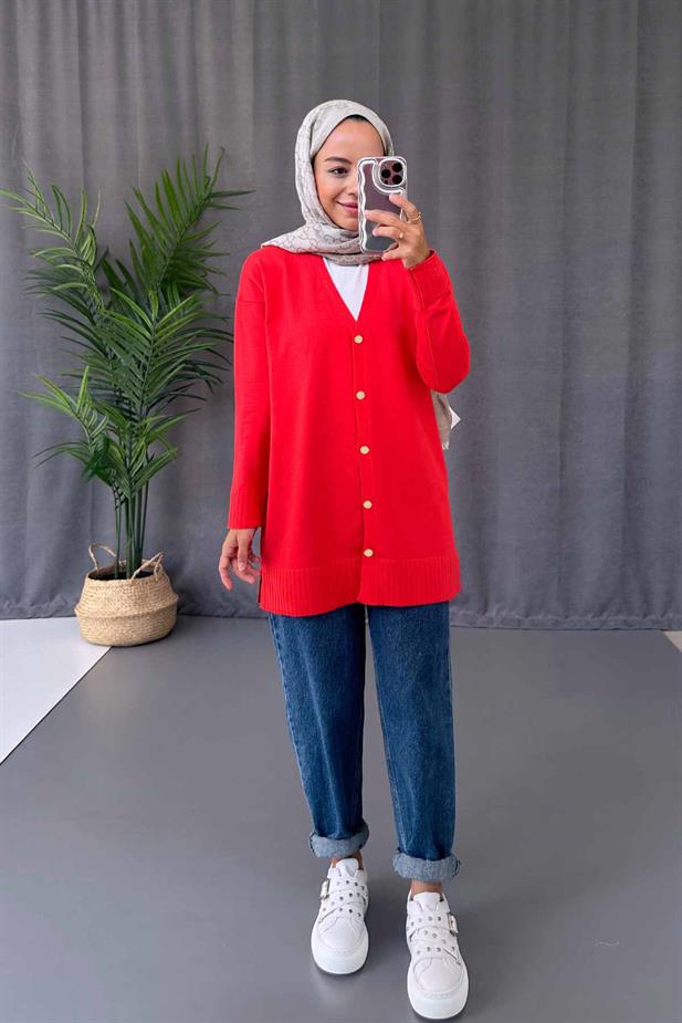 V Yaka Yandan Yırtmaçlı Merserize Hırka - Kırmızı