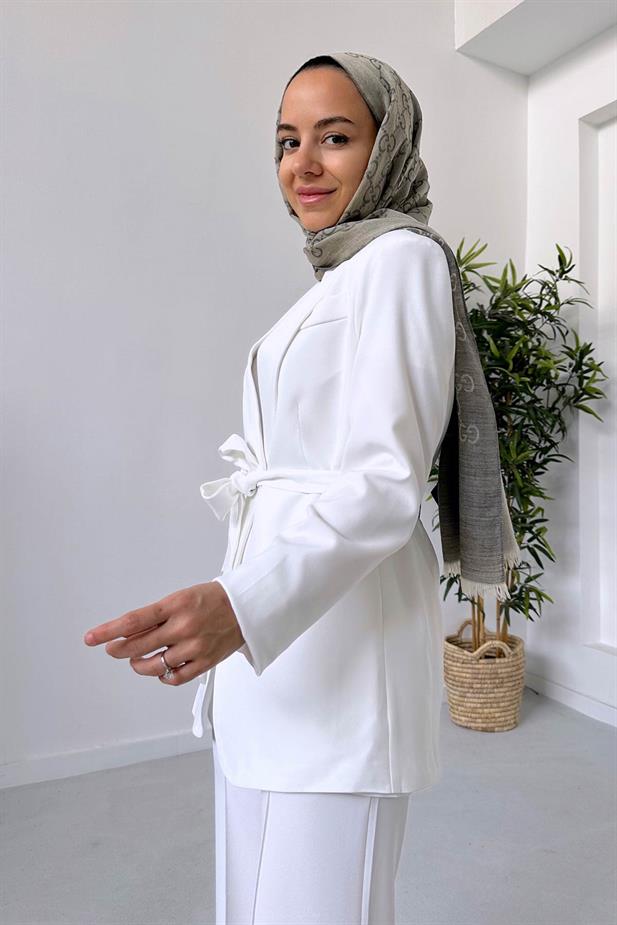 Vatkalı Blazer Ceket Pantolon Takım - Beyaz