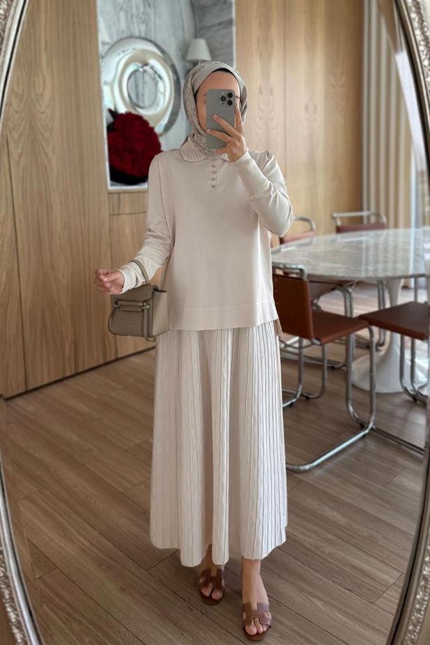 Wave Etekli Merserize Takım - Bej