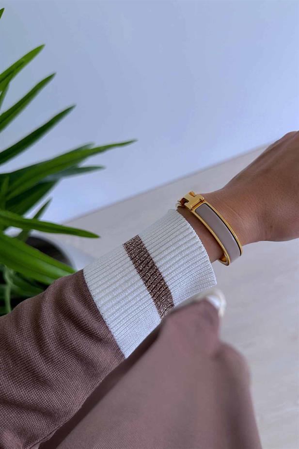 Yaka Şeritli Merserize Elbise - Kahverengi