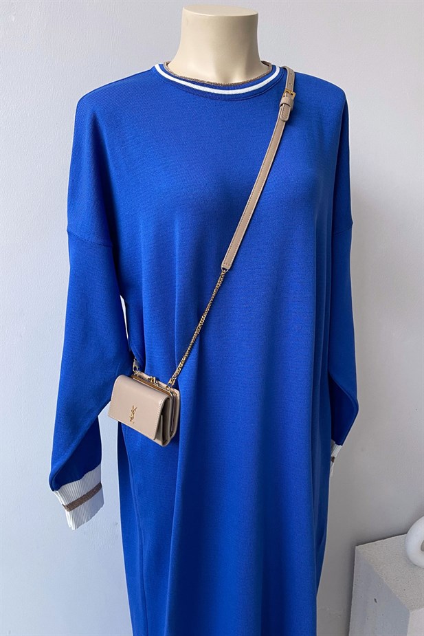 Yaka Şeritli Merserize Elbise - Saks Mavi