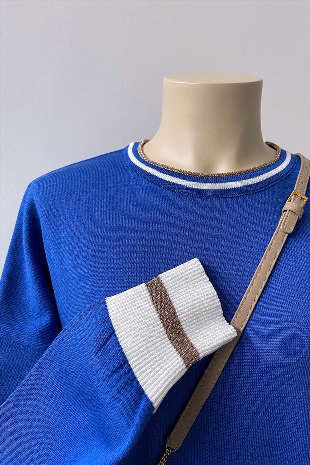 Yaka Şeritli Merserize Elbise - Saks Mavi