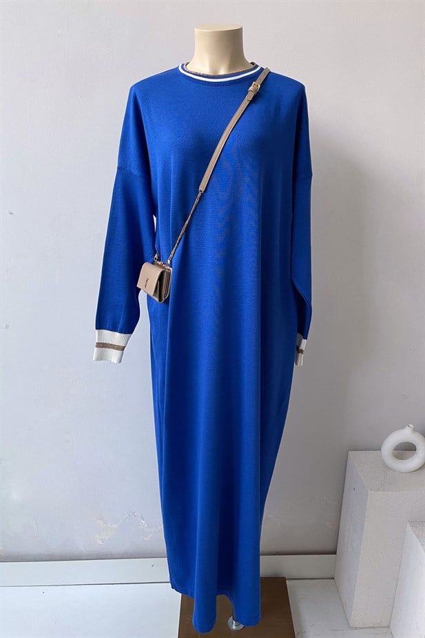 Yaka Şeritli Merserize Elbise - Saks Mavi