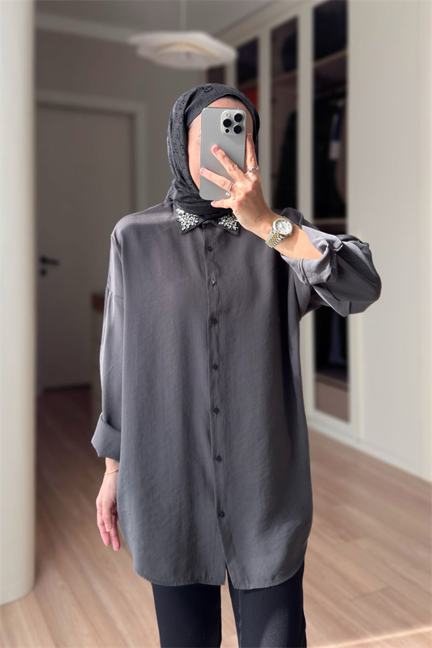 Yakası Taş İşlemeli Gömlek - Gri
