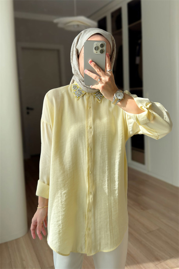 Yakası Taş İşlemeli Gömlek - Sarı