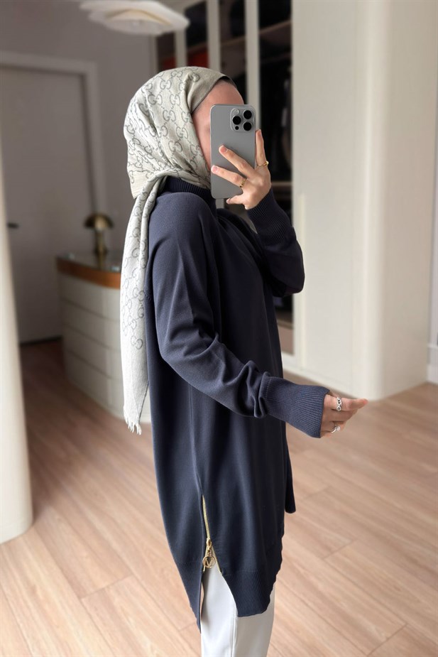 Yan Fermuar Basic Merserize Tunik - Füme