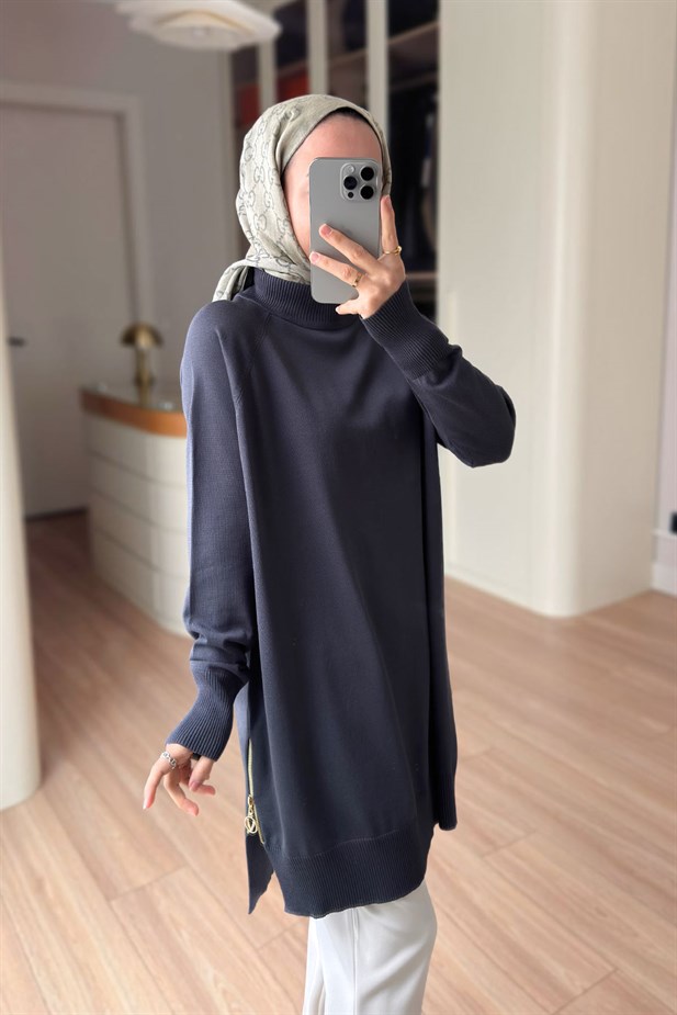 Yan Fermuar Basic Merserize Tunik - Füme