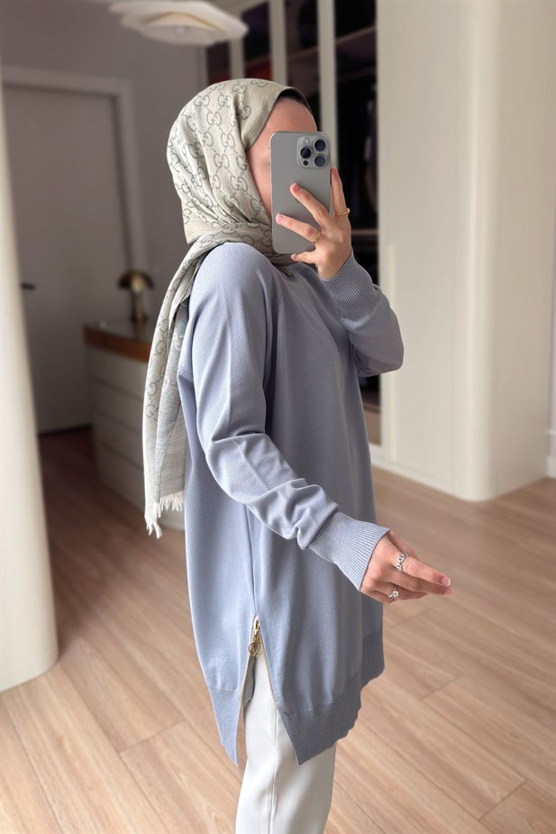 Yan Fermuar Basic Merserize Tunik - Gri