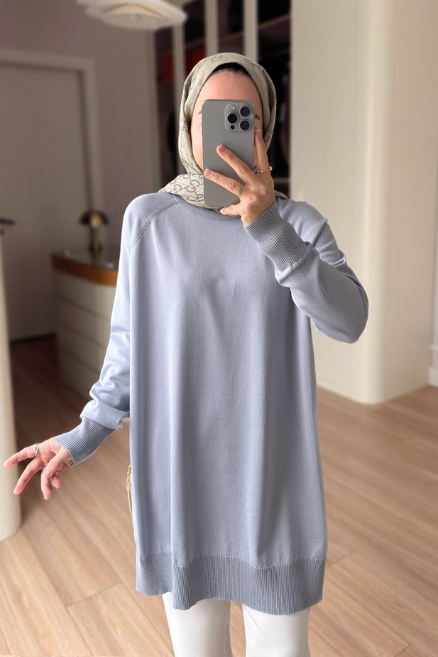 Yan Fermuar Basic Merserize Tunik - Gri