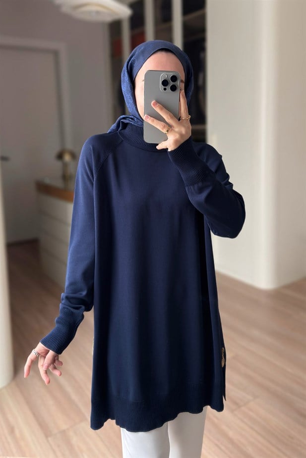 Yan Fermuar Basic Merserize Tunik - Lacivert