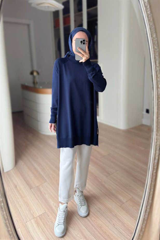 Yan Fermuar Basic Merserize Tunik - Lacivert