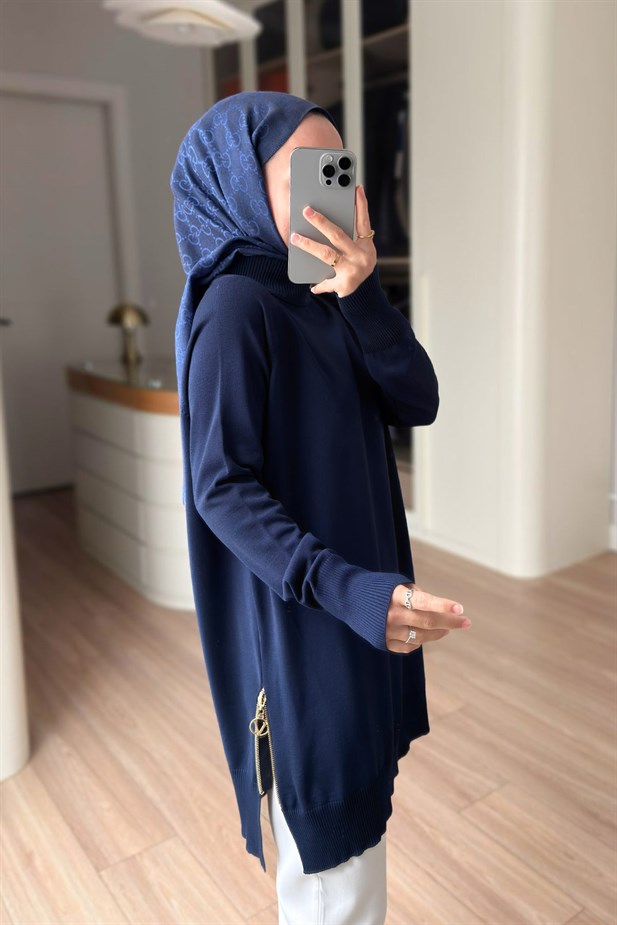 Yan Fermuar Basic Merserize Tunik - Lacivert