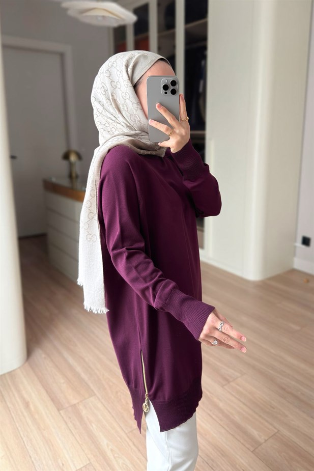 Yan Fermuar Basic Merserize Tunik - Mürdüm