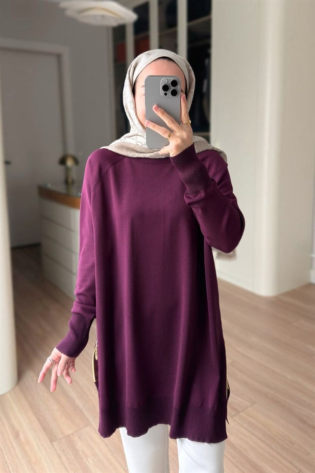 Yan Fermuar Basic Merserize Tunik - Mürdüm