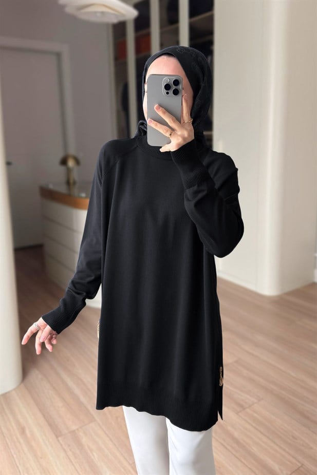 Yan Fermuar Basic Merserize Tunik - Siyah