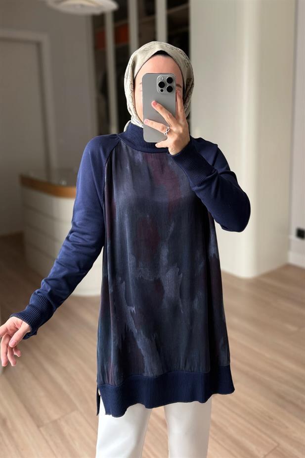 Yan Fermuarlı Desenli Boğazlı Merserize Tunik - Lacivert