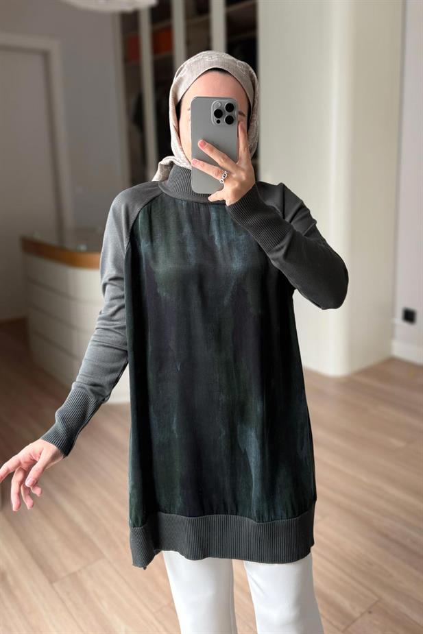 Yan Fermuarlı Desenli Boğazlı Merserize Tunik - Haki