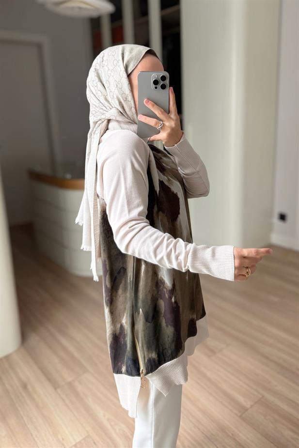 Yan Fermuarlı Desenli Boğazlı Merserize Tunik - Krem
