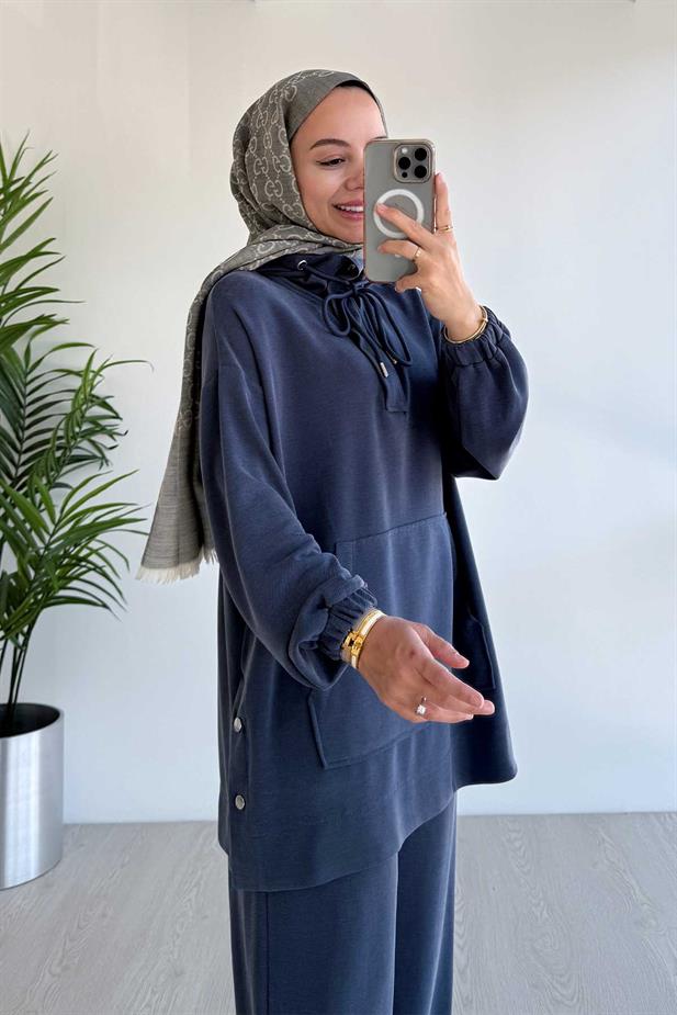 Yanı Çıtçıtlı Kanguru Cep Oysh Kumaş İkili Takım - Lacivert