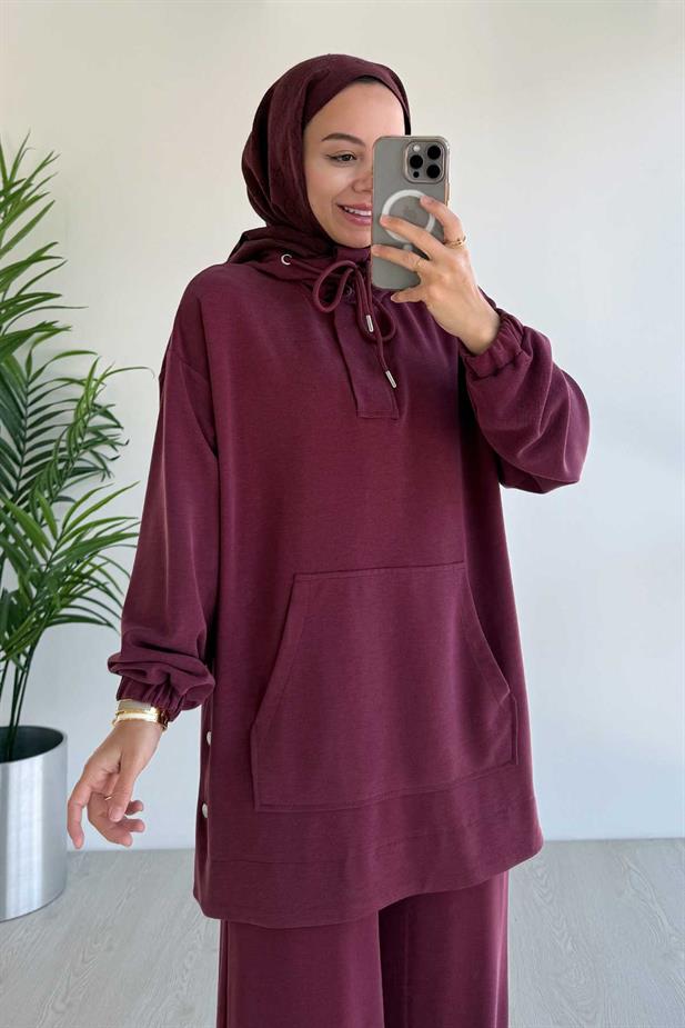 Yanı Çıtçıtlı Kanguru Cep Oysh Kumaş İkili Takım - Bordo