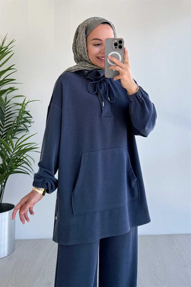 Yanı Çıtçıtlı Kanguru Cep Oysh Kumaş İkili Takım - Lacivert