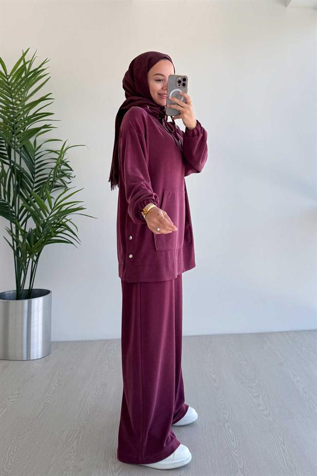 Yanı Çıtçıtlı Kanguru Cep Oysh Kumaş İkili Takım - Bordo