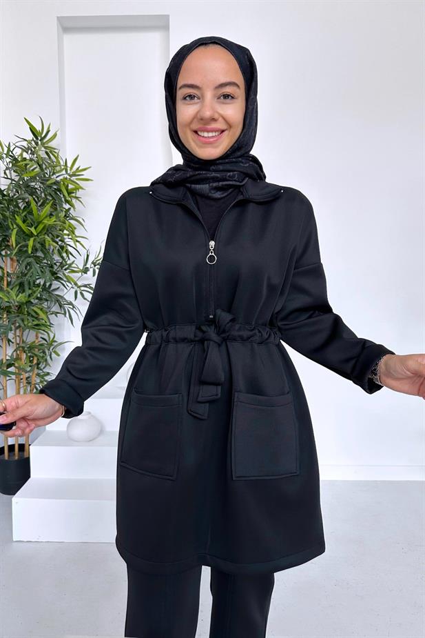 Yırtmaç Detay Çift Cep Scuba Takım - Siyah