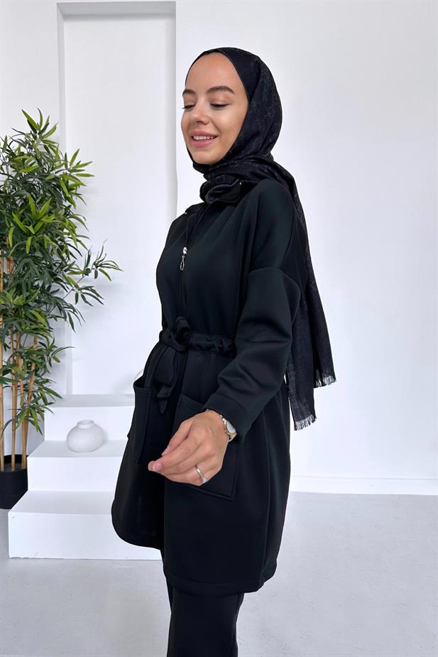 Yırtmaç Detay Çift Cep Scuba Takım - Siyah