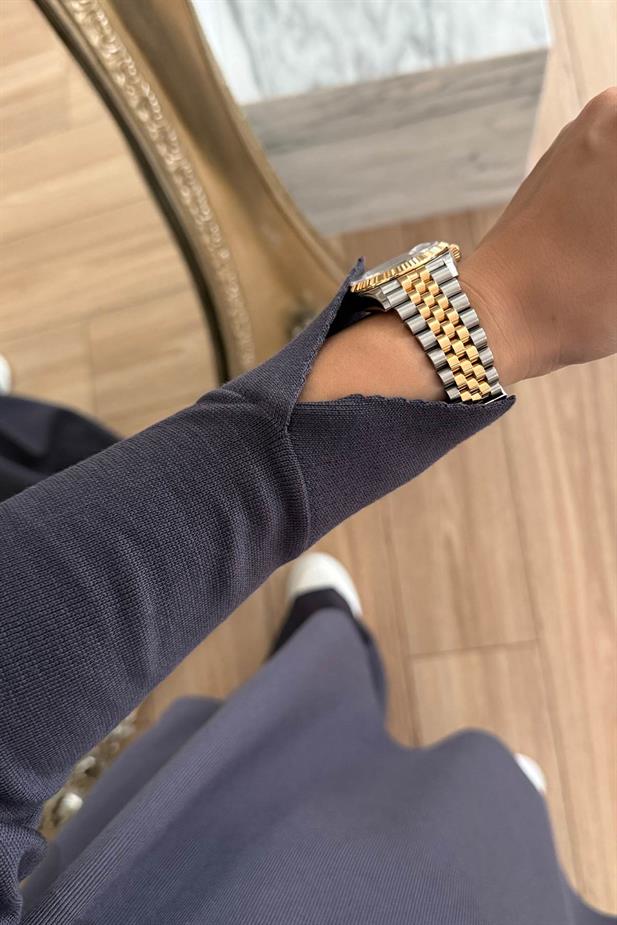 Yırtmaç Detay Yakası Taşlı Merserize Takım - Füme