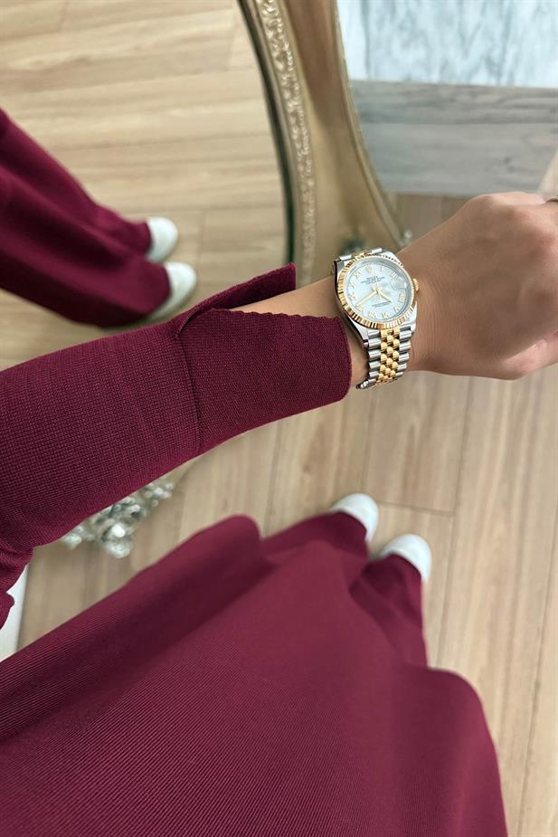 Yırtmaç Detay Yakası Taşlı Merserize Takım - Bordo