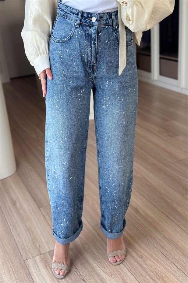 Yüksek Bel Taşlı Mom Jean