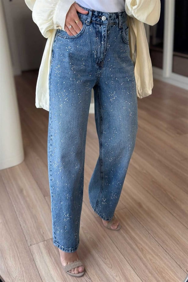Yüksek Bel Taşlı Mom Jean