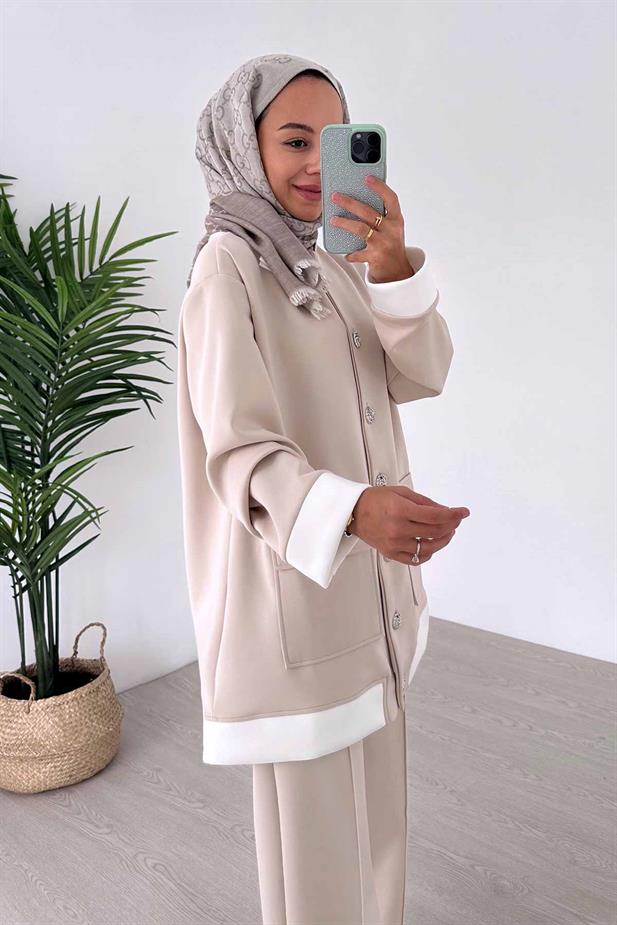 Zarif Düğme Detaylı İkili Scuba Takım - Bej