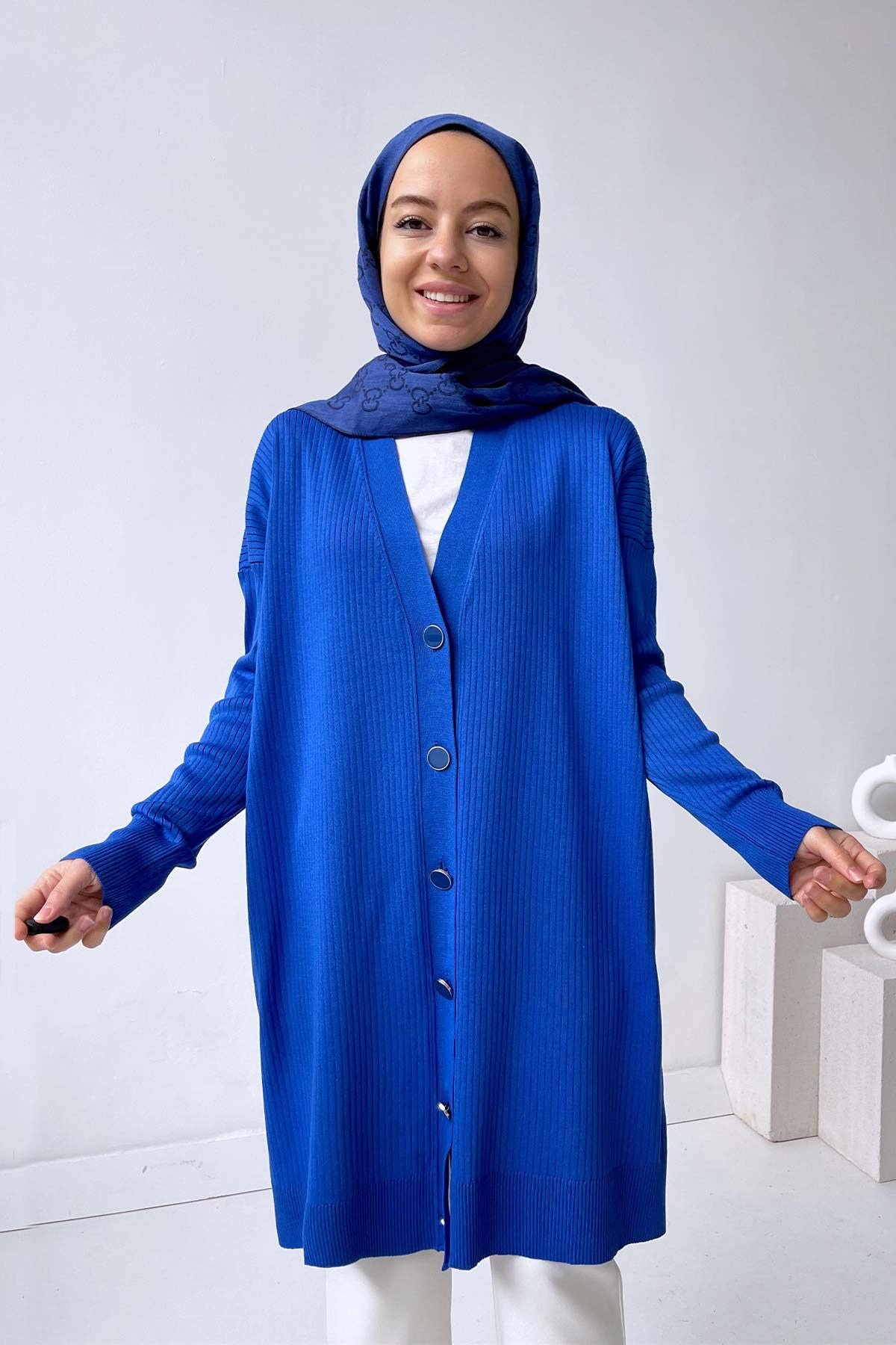 heriheri様 Button Fitilli Merserize Hırka - Saks Mavi | kahijab.com.tr