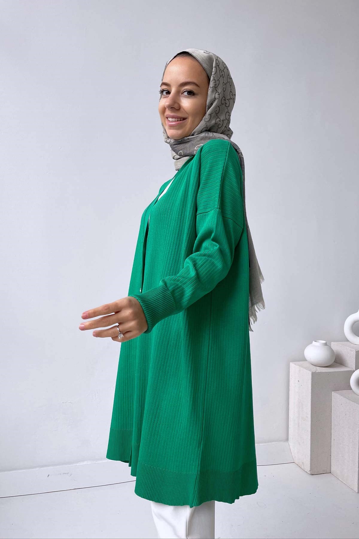 まゆみ Button Fitilli Merserize Hırka - Yeşil | kahijab.com.tr