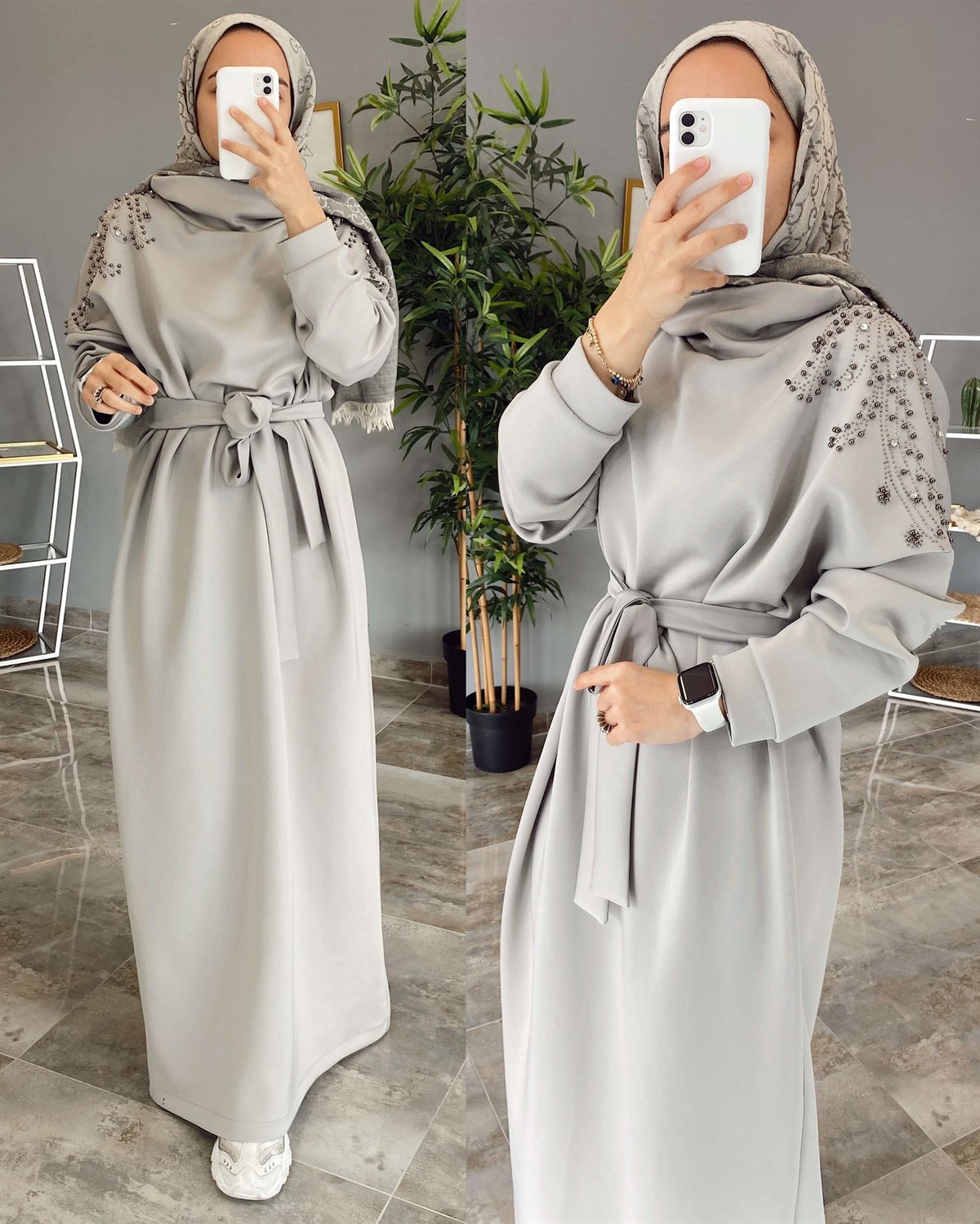 Taşlı Scuba Elbise - Gri | kahijab.com.tr