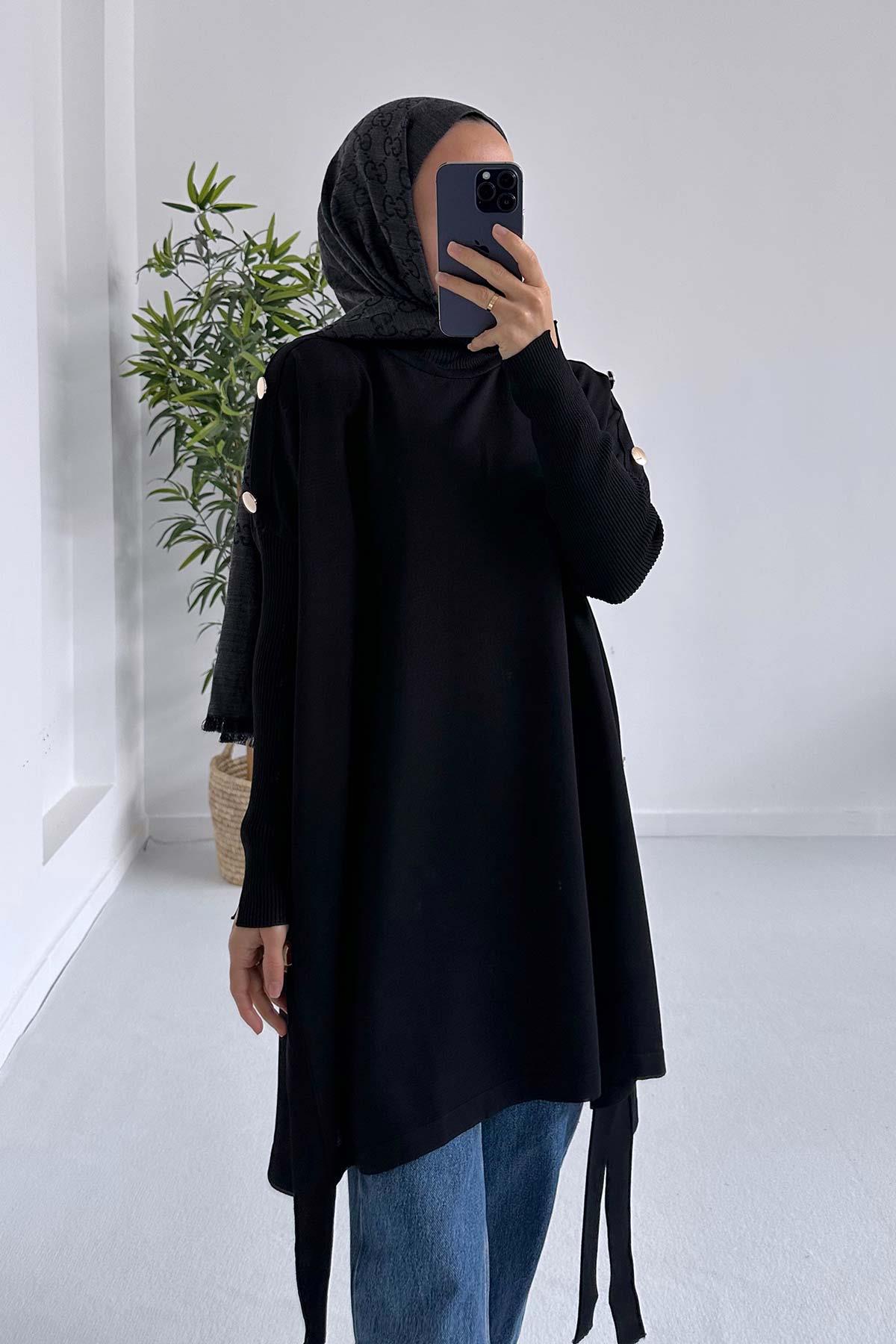 Yarım Balıkçı Yaka Merserize Panço - Siyah | kahijab.com.tr