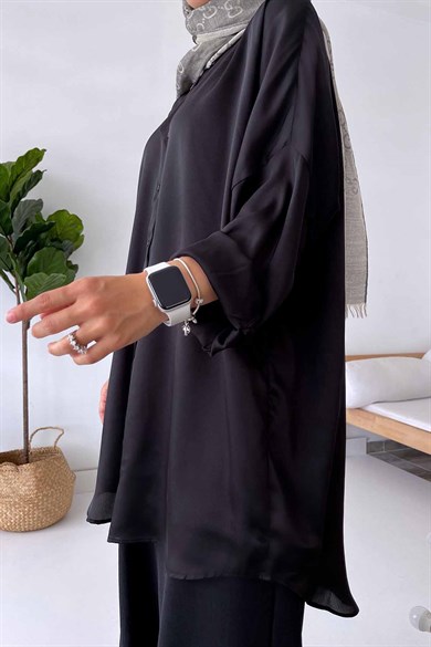 Oversize Saten Gömlek - Siyah | kahijab.com.tr