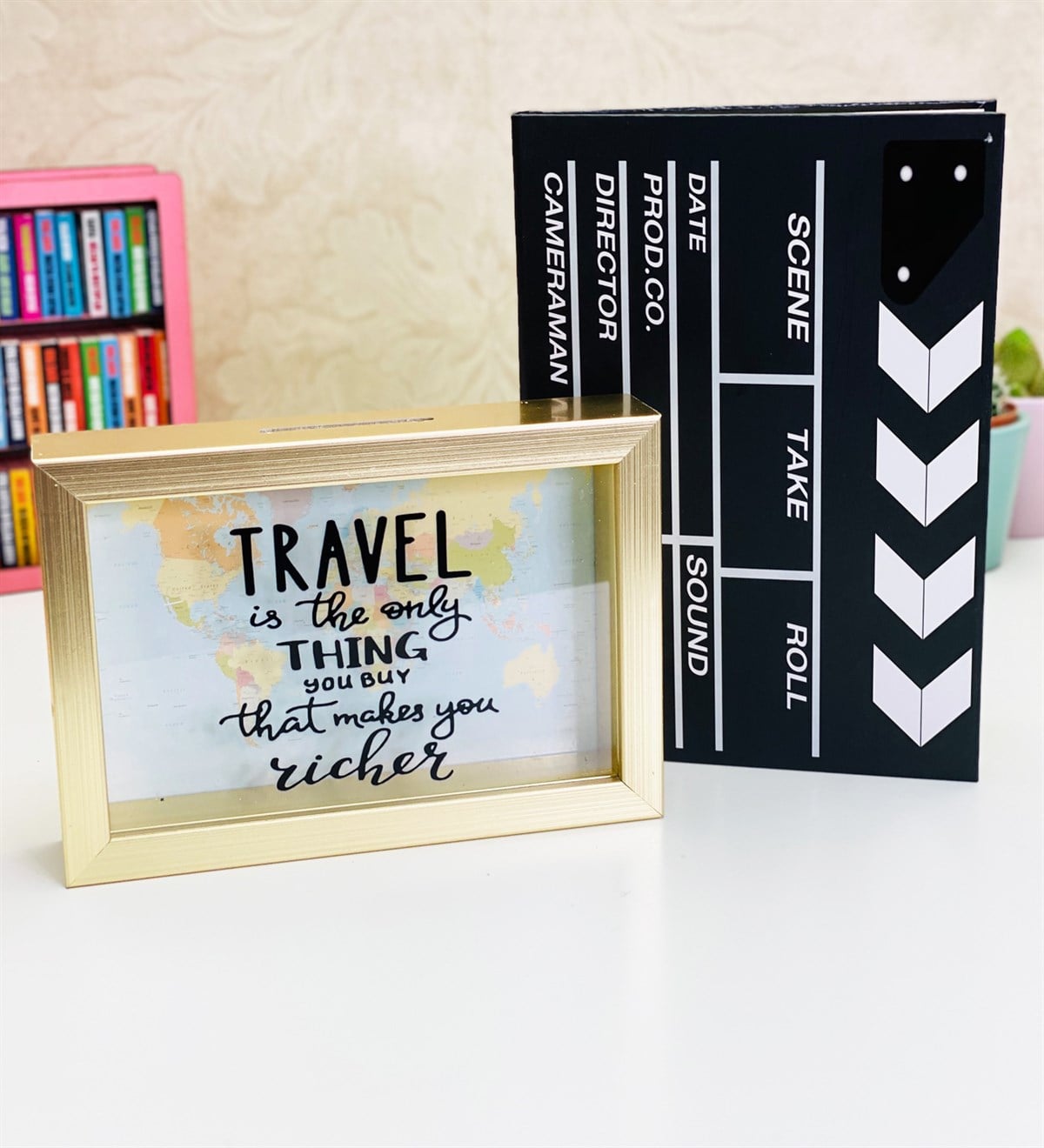  	Travel Journel Tasarımlı Kumbara Ve Klaket Tasarımlı Lastikli Defter SetGiftmodaGM-2140-Klaket-Defter-Set