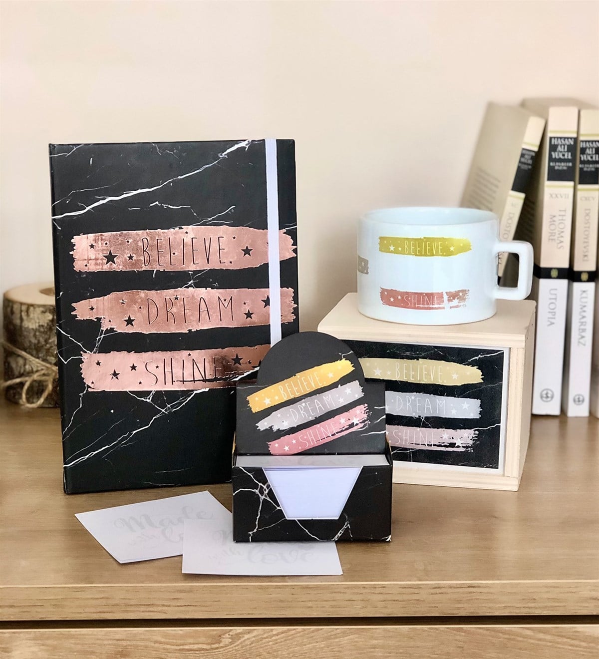 Believe Dream Shıne Tasarımlı Defter Kutulu Kupa Ve Notluk SetGiftmoda Believe-Defter-Kutulu-Kupa-Notluk