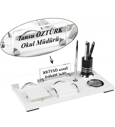 Beyaz Renk Deri Vip Ofis Masa Üstü İsimlik Seti