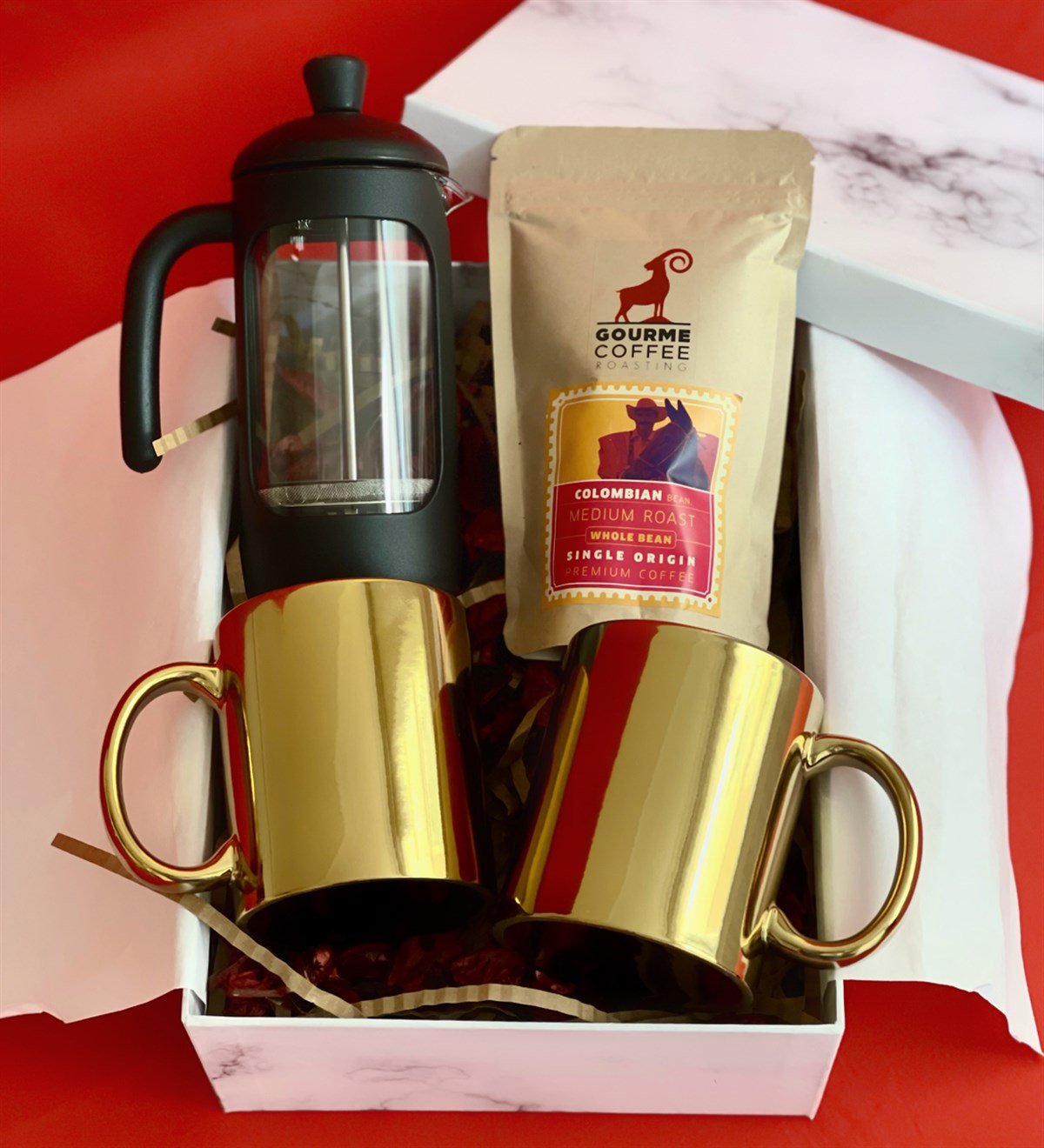Çift Gold Kupa French Press & Filitre Kahve Sevgiliye Hediye SetiGiftmoda Gmhs100338